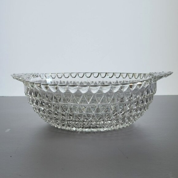 Vintage Handled Clear 10" Round Serving Bowl, Textured Triangles/Diamond & Dot - Picture 3 of 8